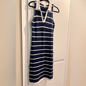 Elegant Navy and White Striped Midi Dress